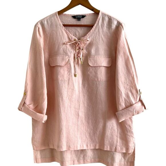 Ellen Tracy Linen Tunic Top Sz L Peach Pink Beachy quiet luxury coastal - Picture 1 of 11